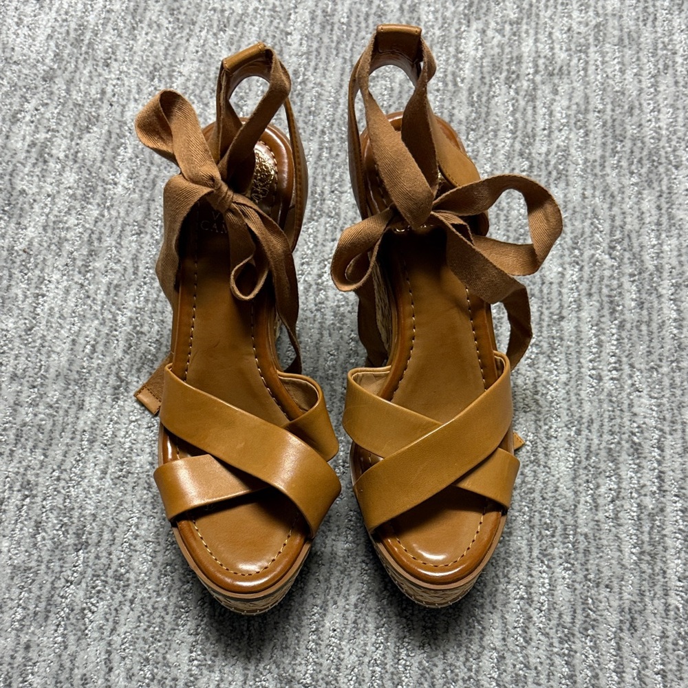 NWT Vince Camuto Cognac Brown Crisscross Wedge Sandals with Ankle Tie